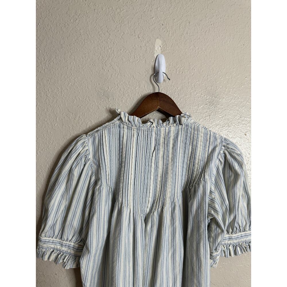 Doen Darien Top size L Blue Stripe Pintuck Puff Sleeve Blouse - Picture 8 of 10
